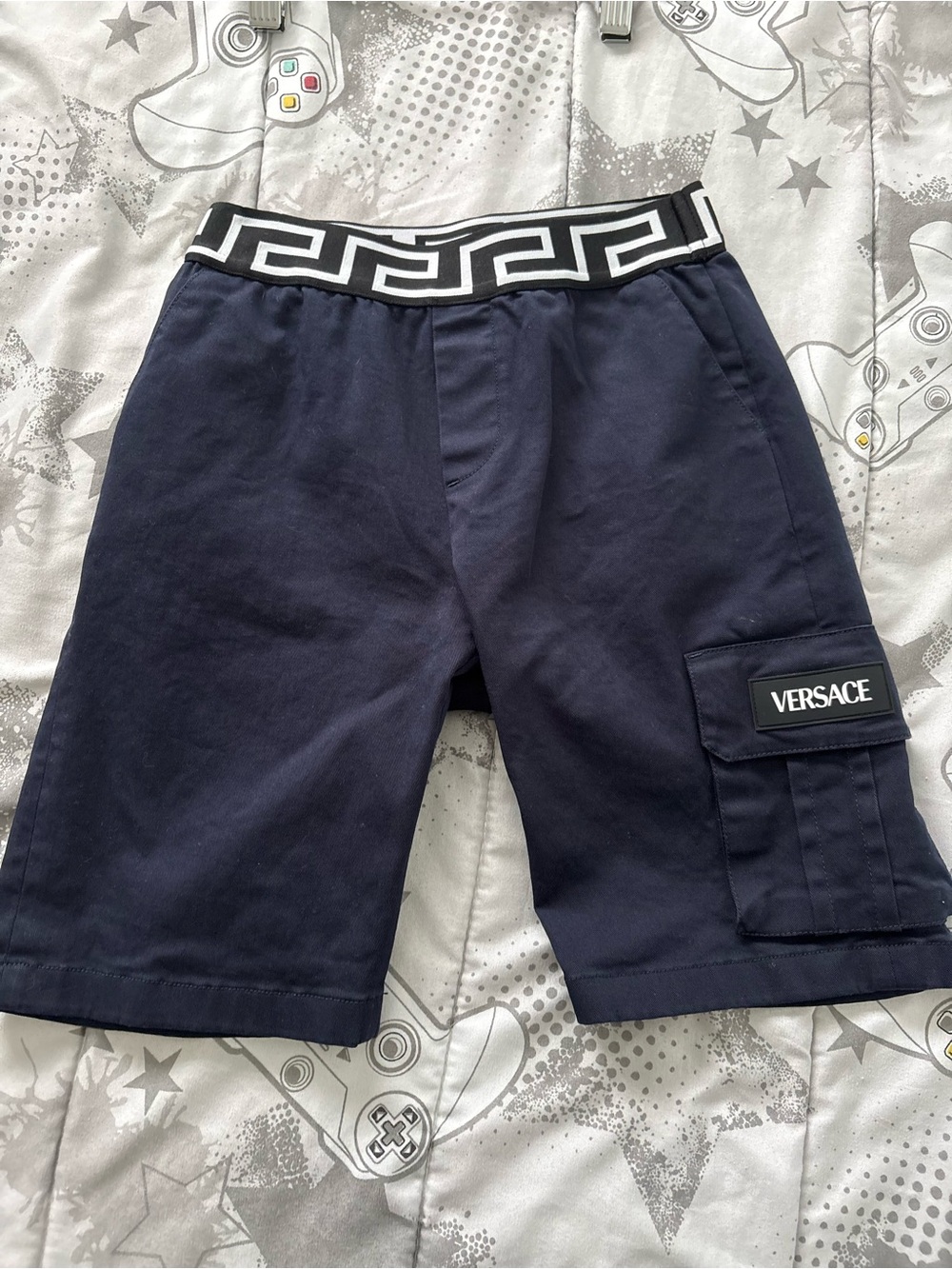 Versace Navy Cargo Shorts with Black & White Greek-Key Waistband
